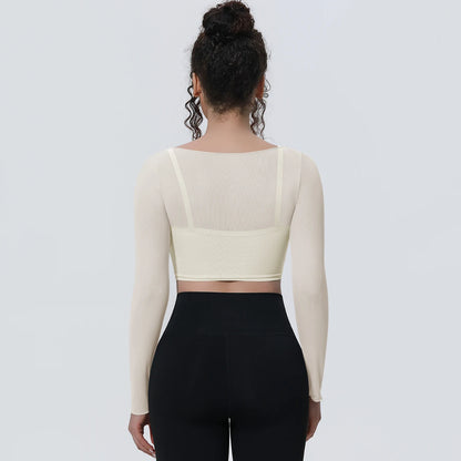 Damen Langarm-Yoga-Shirt in Creme: Rückansicht mit transparenten Bahnen und schmalem Saum