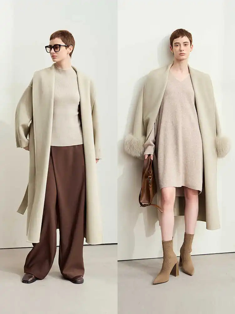 Damen Langer Mantel aus Wolle mit abnehmbaren Fuchspelzmanschetten und Taschen