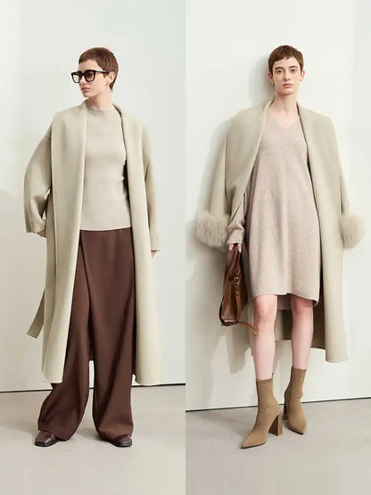 Damen Langer Mantel aus Wolle mit abnehmbaren Fuchspelzmanschetten und Taschen