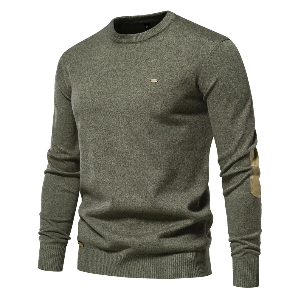 Herren-Pullover aus Baumwolle, dunkelgrün mit Rundhalsausschnitt und gerippten Bündchen