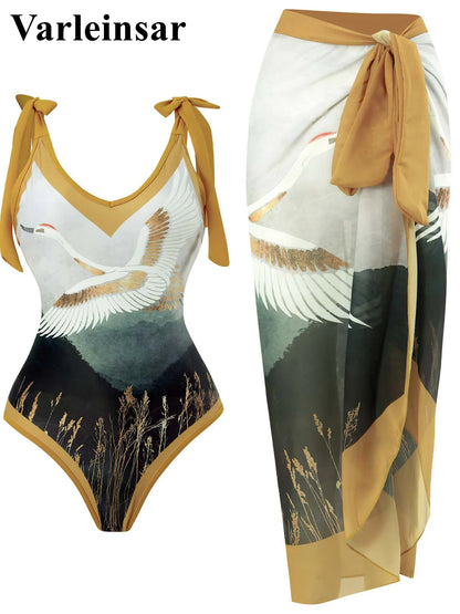 Damen Badeanzug Leopard Spleiß V-Ausschnitt mit Rock Monokini