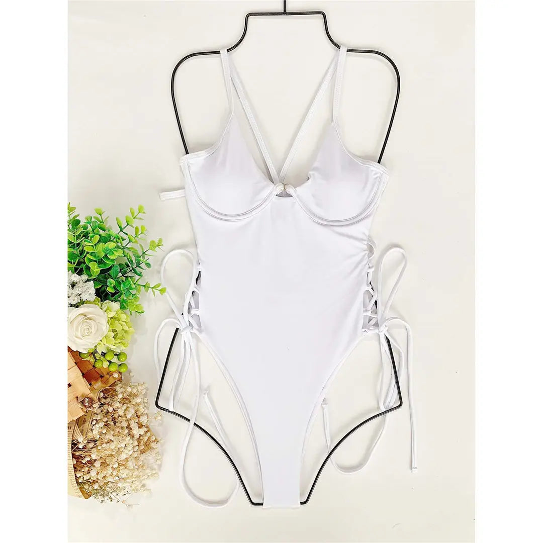 Damen Badeanzug Schnürung Bügel rückenfrei Monokini hoher Beinausschnitt B