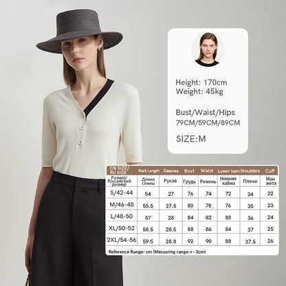 AMII Damen-Strickpullover, beigefarbener V-Ausschnitt, halbe Ärmel, Knöpfe