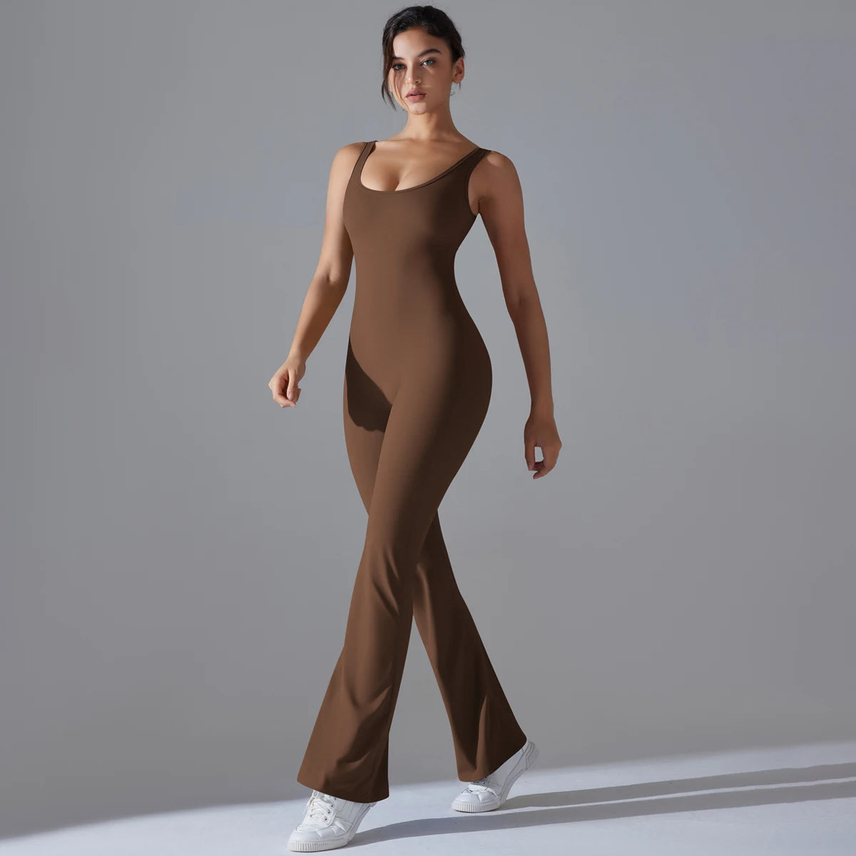 Damen-Fitnessbody mit Yoga-Hose, braun, U-Ausschnitt, ärmellos, weitem Bein