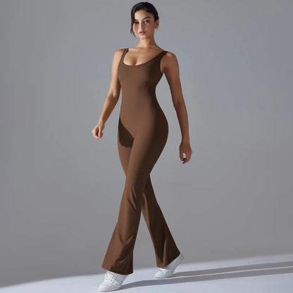Damen-Fitnessbody mit Yoga-Hose, braun, U-Ausschnitt, ärmellos, weitem Bein