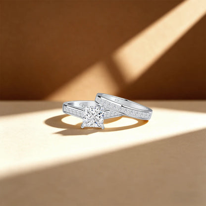 Damen-Verlobungsringe-Set aus Moissanit in 925 Sterlingsilber mit Echtheitszertifikat und quadratischem Schliff
