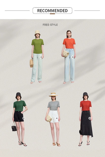 Damen Sommer-T-Shirt im minimalistischen Stil mit schmalem O-Ausschnitt und kurzen Ärmeln