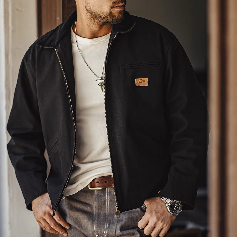 Herren Jacke Retro Canvas Detroit schwere Taschen Reverskragen Reißverschlussmantel