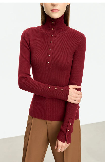 Damen-Strickjacke Rollkragen Knopfleiste Slim halboffene Front Herbst