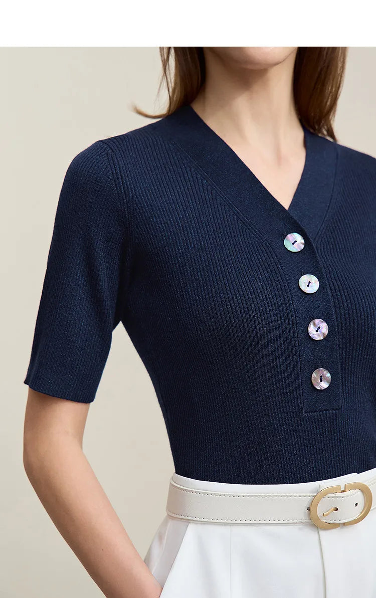 Damen V-Ausschnitt Pullover Wolle-Mix Halbarm Slim Frühling-Herbst
