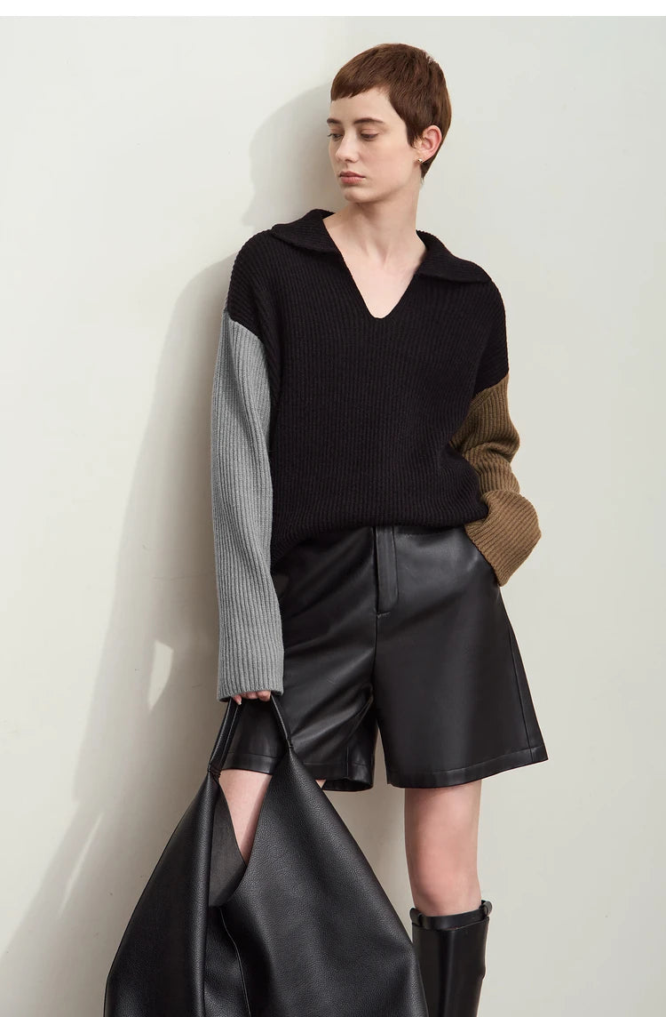 Damen V-Ausschnitt Pullover Patchwork Raglan locker Herbst-Winter