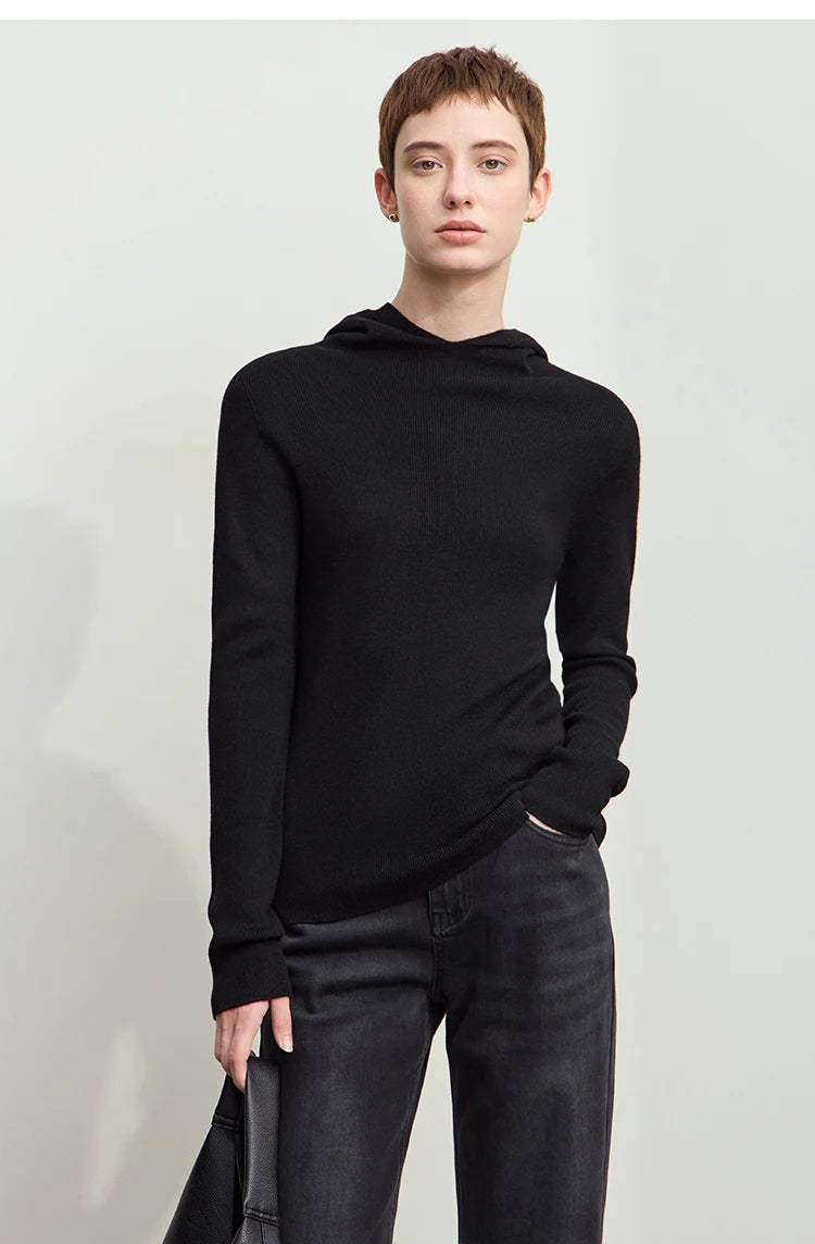Damen-Kapuzenpullover Wolle-Polyester nahtlos gerade einfarbig Herbst
