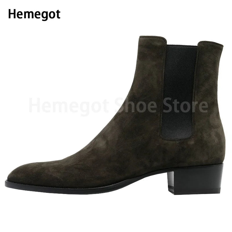 Chelsea-Boots aus Leder dunkelgrün, Seitenansicht, elastischer Einsatz, Blockabsatz