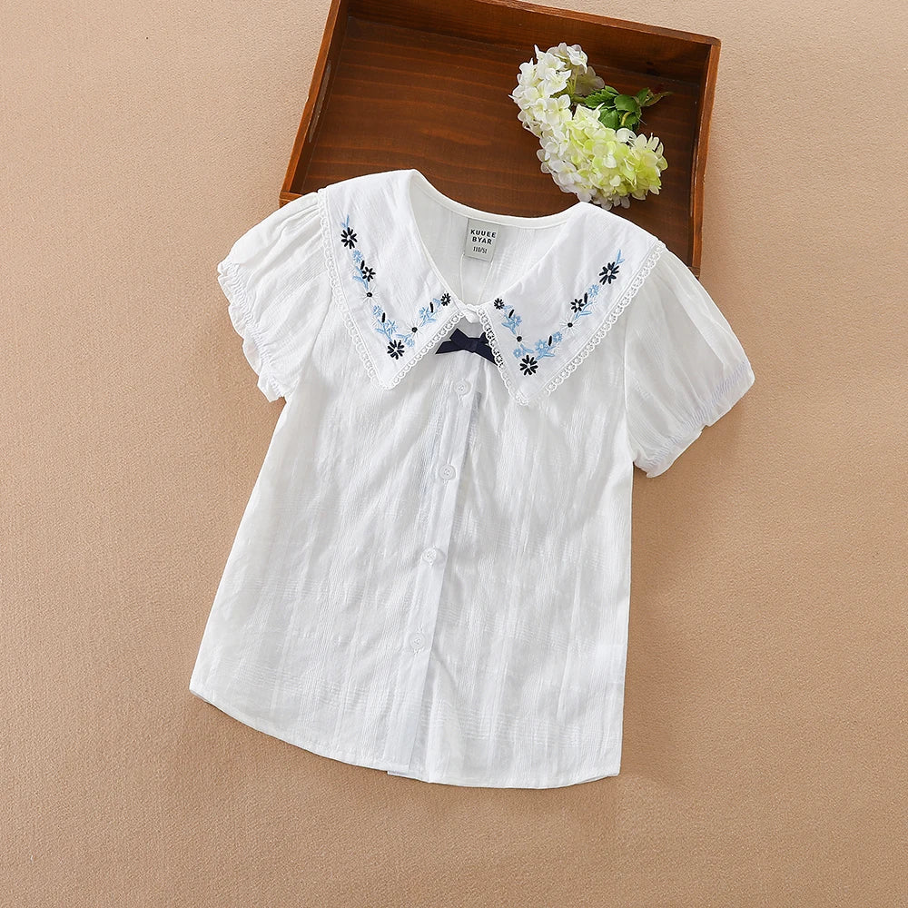 Mädchen Bluse Shirts Sommer Kurzarm Baumwolle Schöne Spitze Kausalen Weiß Tops Kinder Hohe Qualität Kleidung