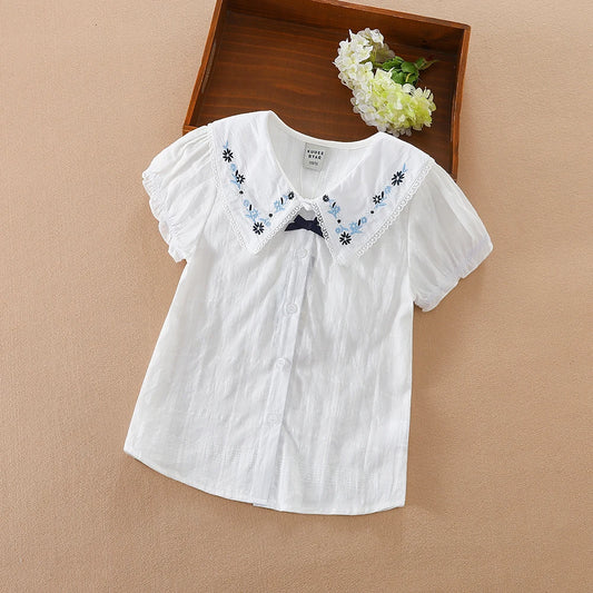 Mädchen Bluse Shirts Sommer Kurzarm Baumwolle Schöne Spitze Kausalen Weiß Tops Kinder Hohe Qualität Kleidung