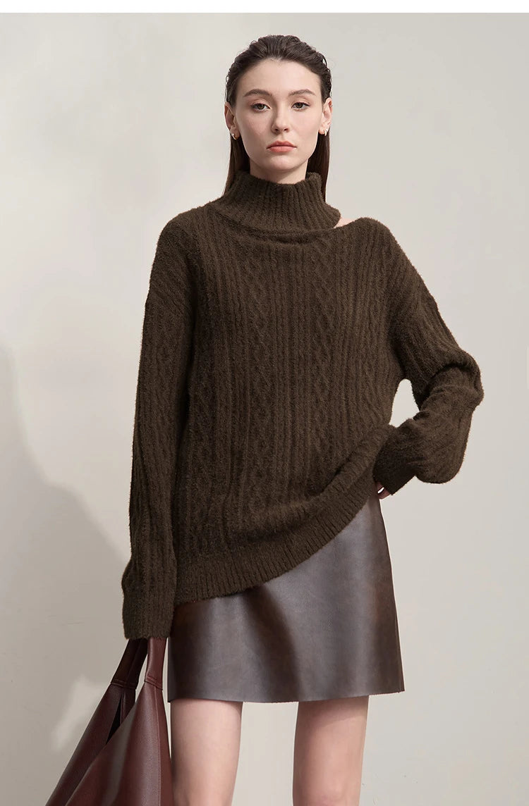 Damen-Rollkragenpullover Hohlstrick Viskose locker lang Raglan Herbst