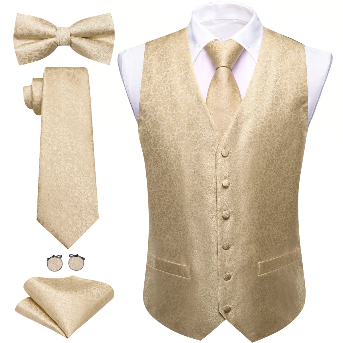 5-teiliges Business-Set: Anzugweste mit Ornament in Beige, dazu Krawatte, Fliege & Einstecktuch.