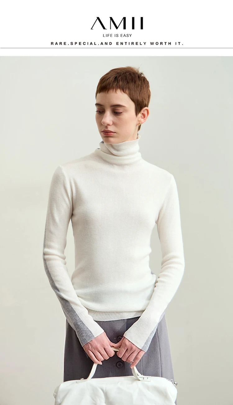 Damen-Rollkragenpullover Wolle-Mix Patchwork schlank Winter