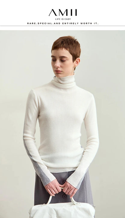 Damen-Rollkragenpullover Wolle-Mix Patchwork schlank Winter