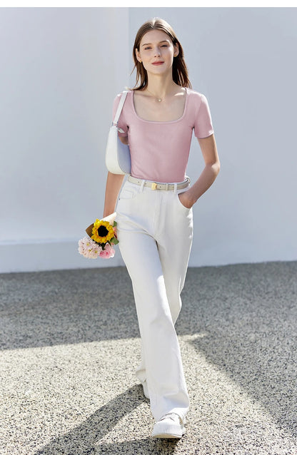 Damen Tops und T-Shirts im minimalistischen Stil mit quadratischem Kragen