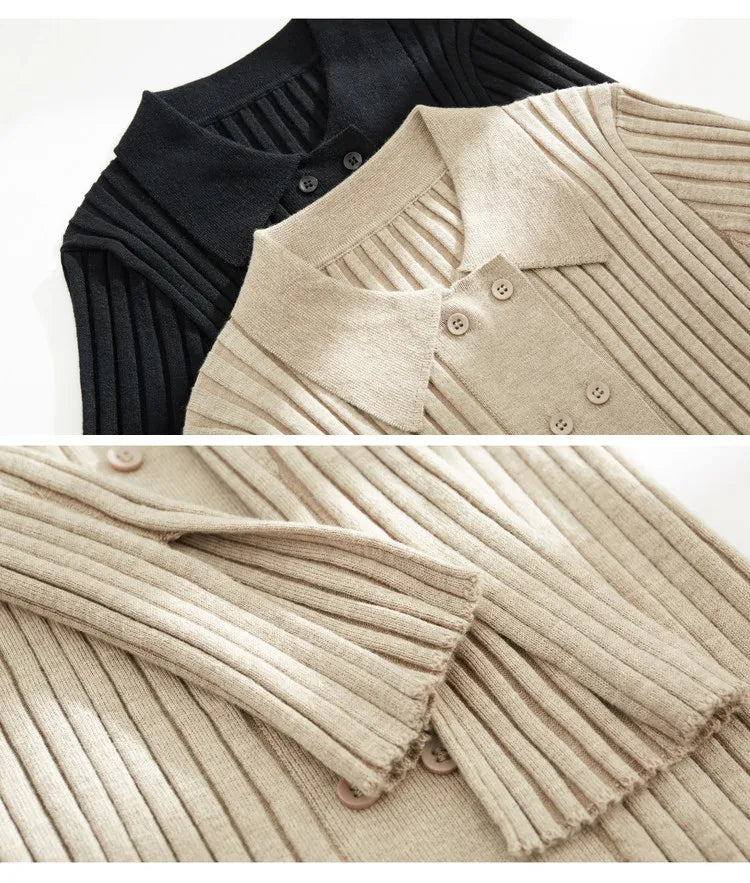 Damen-Strickjacke Polokragen Slim doppelreihig Wolle-Mix Frühling-Herbst
