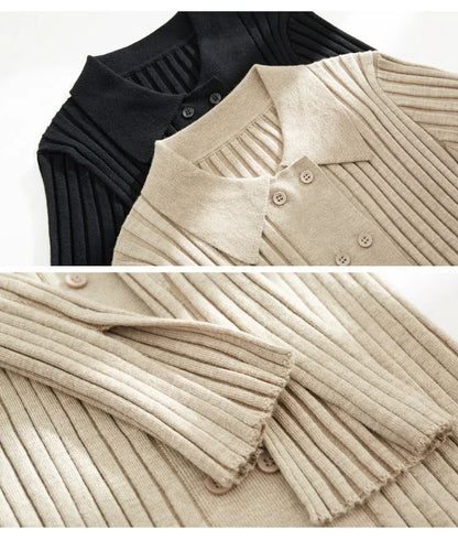 Damen-Strickjacke Polokragen Slim doppelreihig Wolle-Mix Frühling-Herbst