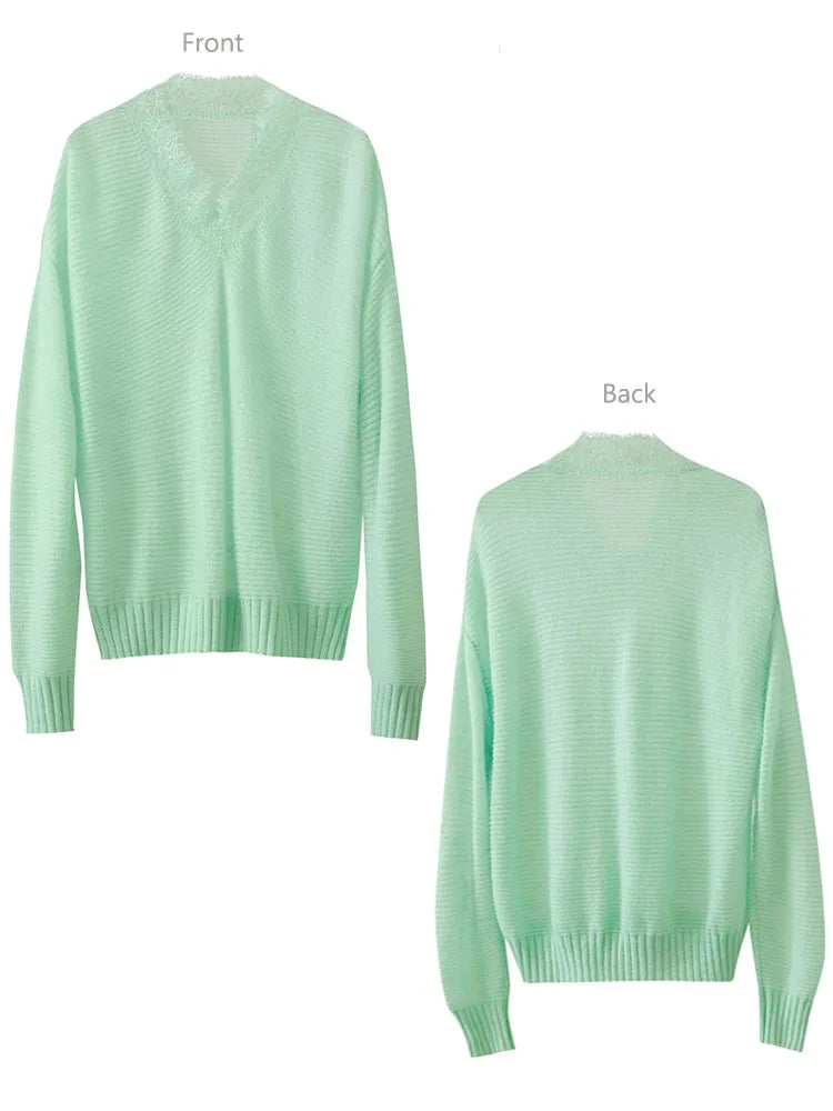 Damen V-Ausschnitt Pullover Mohair Spitze locker mittellang Frühling