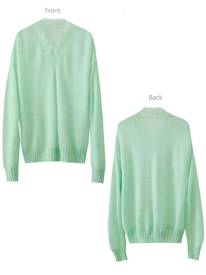 Damen V-Ausschnitt Pullover Mohair Spitze locker mittellang Frühling