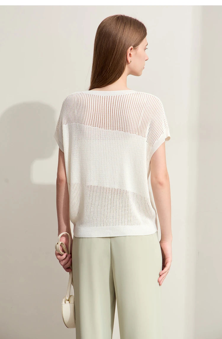 Off-White Wollstrickpullover mit Rundhalsausschnitt, Lochmuster und Raglan-Kurzarm