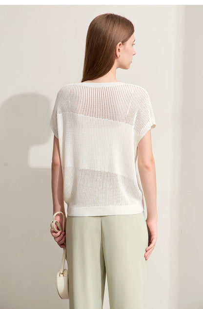 Off-White Wollstrickpullover mit Rundhalsausschnitt, Lochmuster und Raglan-Kurzarm