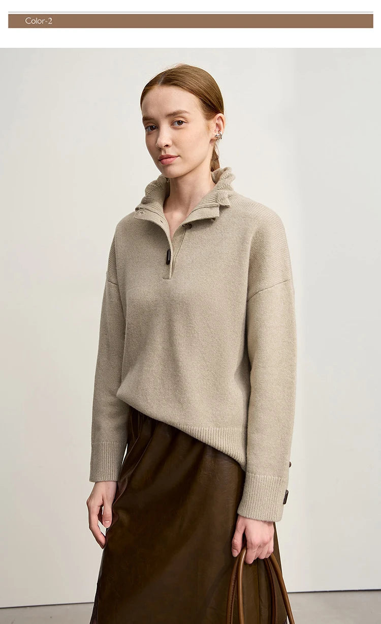 Damen-Rollkragenpullover locker Knopf Raglanärmel Winter