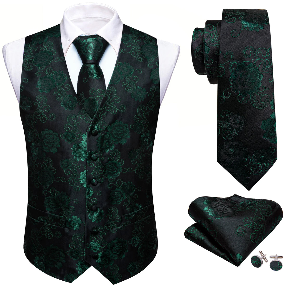 Elegante Herrenweste mit Jacquard-Blumen, dazu Krawatte im Dunkelgrün-Schwarz-Look