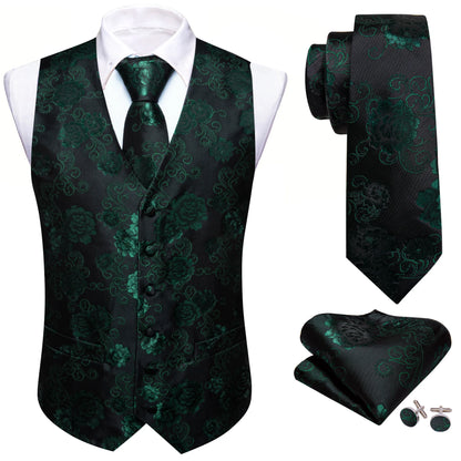 Elegante Herrenweste mit Jacquard-Blumen, dazu Krawatte im Dunkelgrün-Schwarz-Look