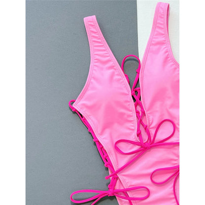 Damen-Badeanzug tiefer V-Ausschnitt Schnurdetail Wickel High-Leg