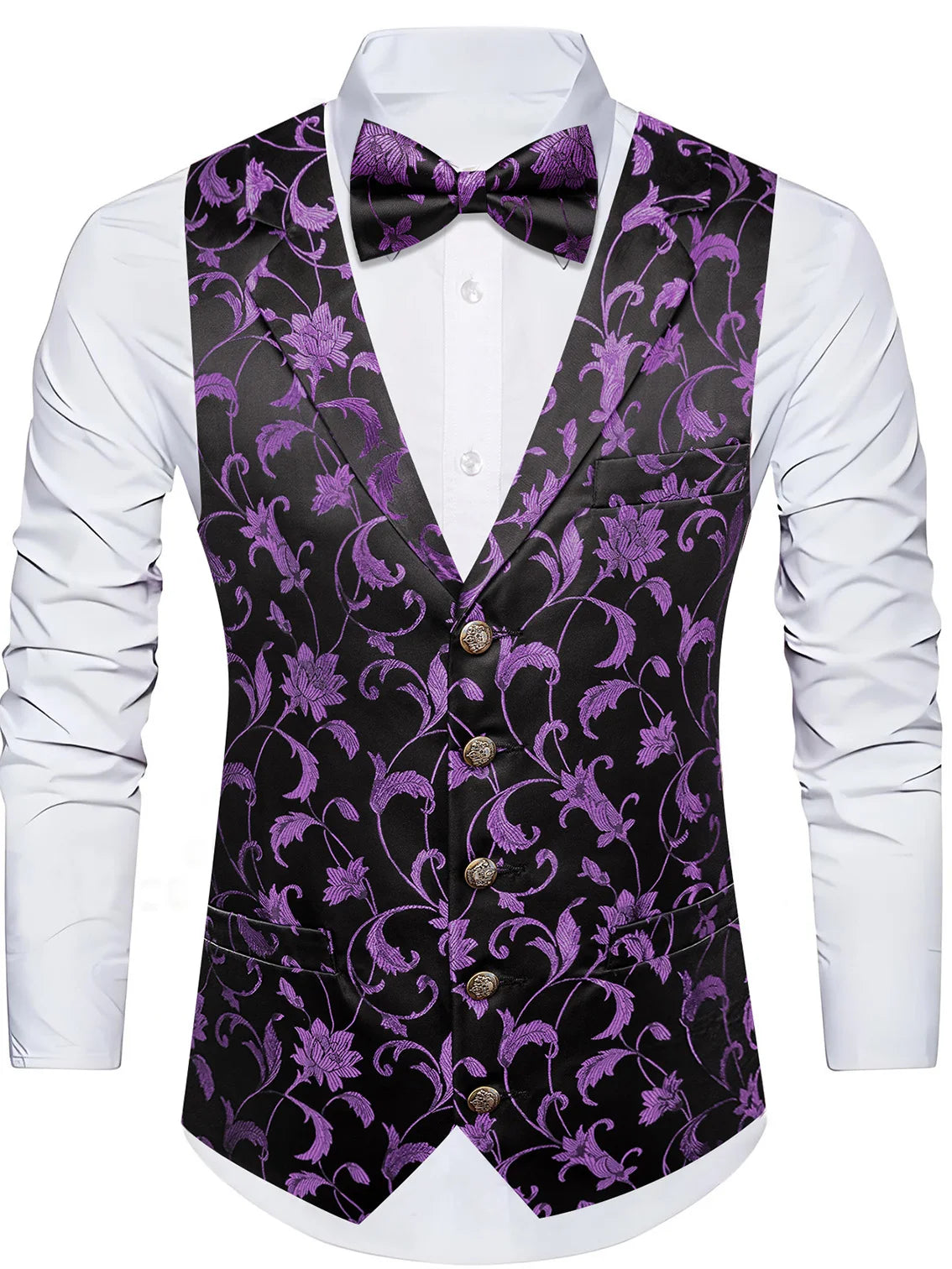Schwarze Herrenweste mit violettem Ornamentmuster, Fliege und weißem Hemdkragen