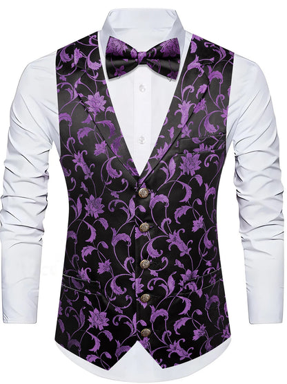 Schwarze Herrenweste mit violettem Ornamentmuster, Fliege und weißem Hemdkragen