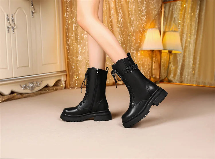 AIYUQI Women Boots Large Size Genuine Leather Thick Wool Warm Winter Biker Boots Women British Style Women Snow Boots