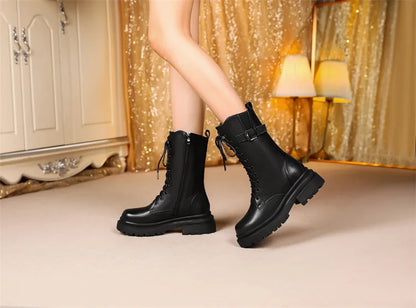 AIYUQI Women Boots Large Size Genuine Leather Thick Wool Warm Winter Biker Boots Women British Style Women Snow Boots