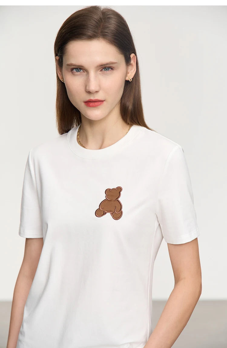 Damen Top im minimalistischen Stil mit Bären-Applikation und O-Ausschnitt