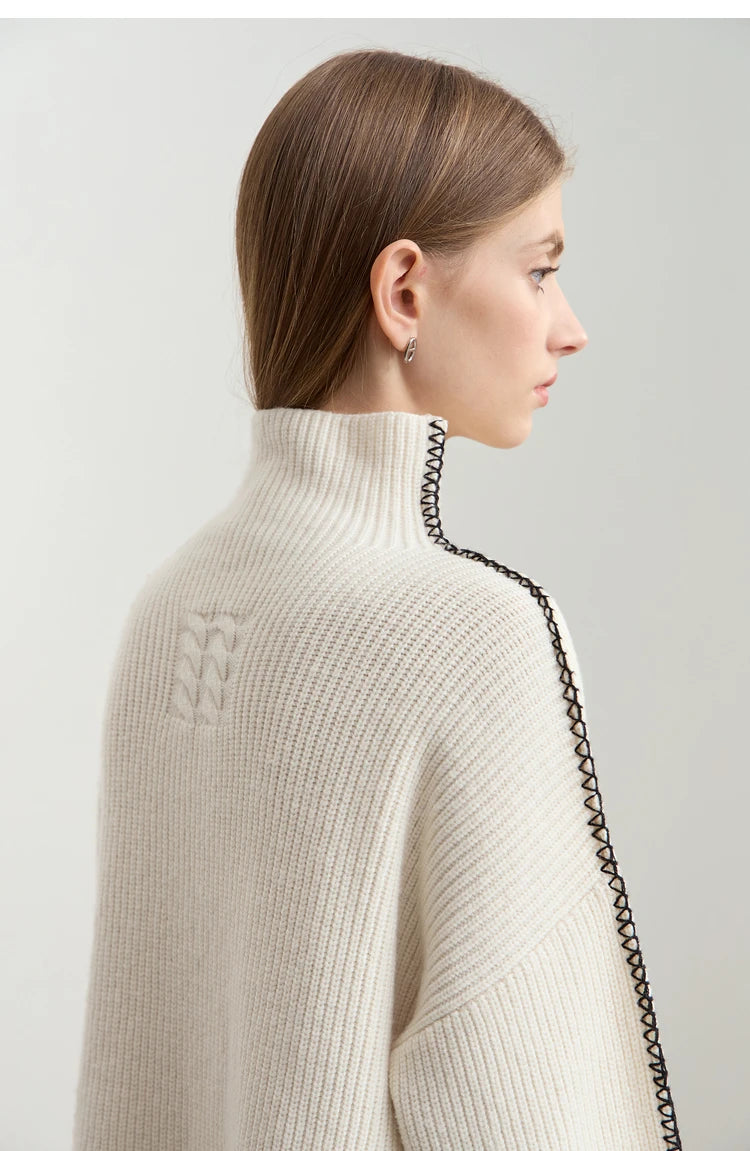 Damen-Rollkragenpullover Wolle Stickerei locker Weihnachten Winter