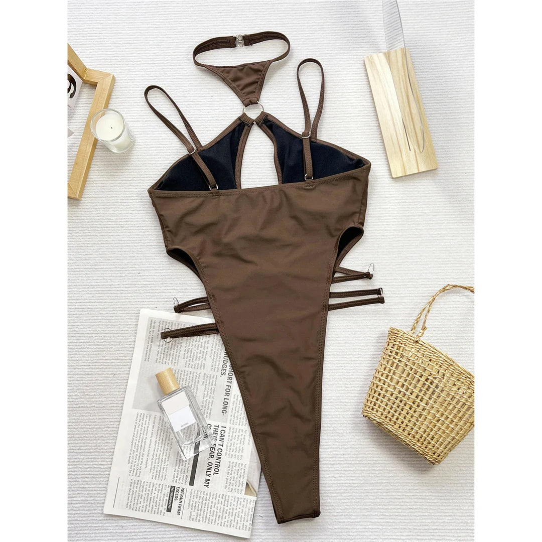 Damen Badeanzug Neckholder Cut-Out Micro Tanga hoher Beinausschnitt Monokini