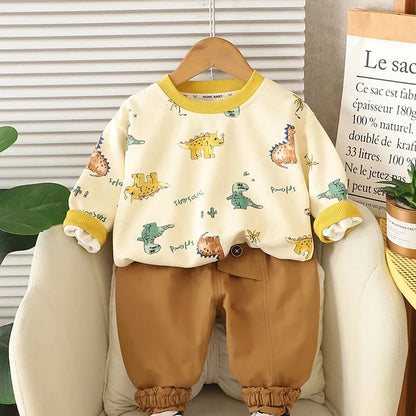 Kinder Hoodie-Set mit Cartoon-Dinosaurier-Pullover und lockeren Hosen für Jungen