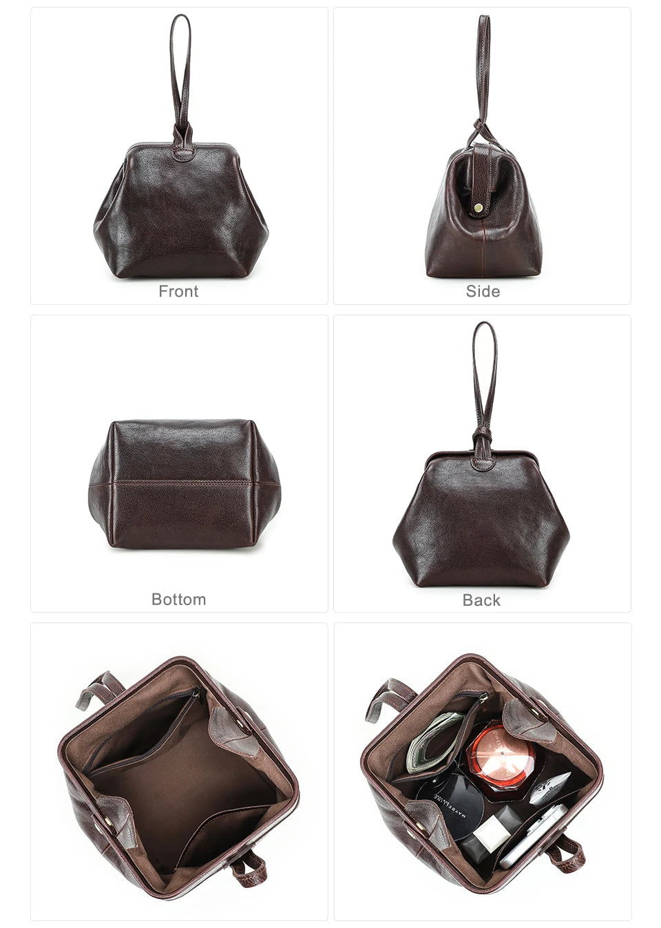 Kleine Handtasche aus Leder in Dunkelbraun, Ansichten: vorne, seitlich, unten, hinten