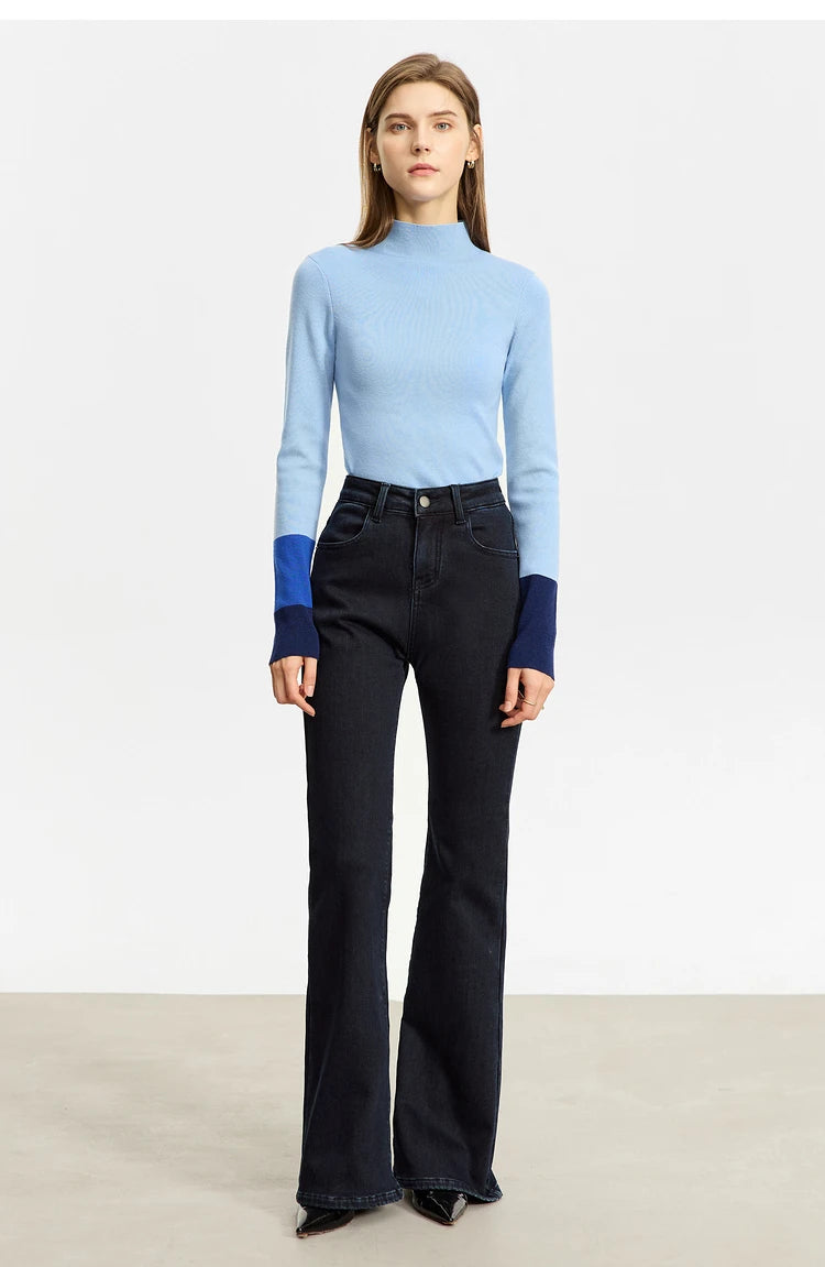 Damen-Halbrollkragen-Pullover Slim Farbkontrast Wolle-Mix Winter