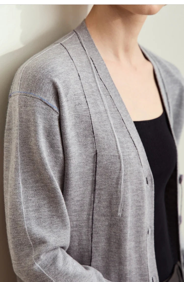 Damen-Strickjacke V-Ausschnitt Patchwork Raglan Wolle-Mix Herbst