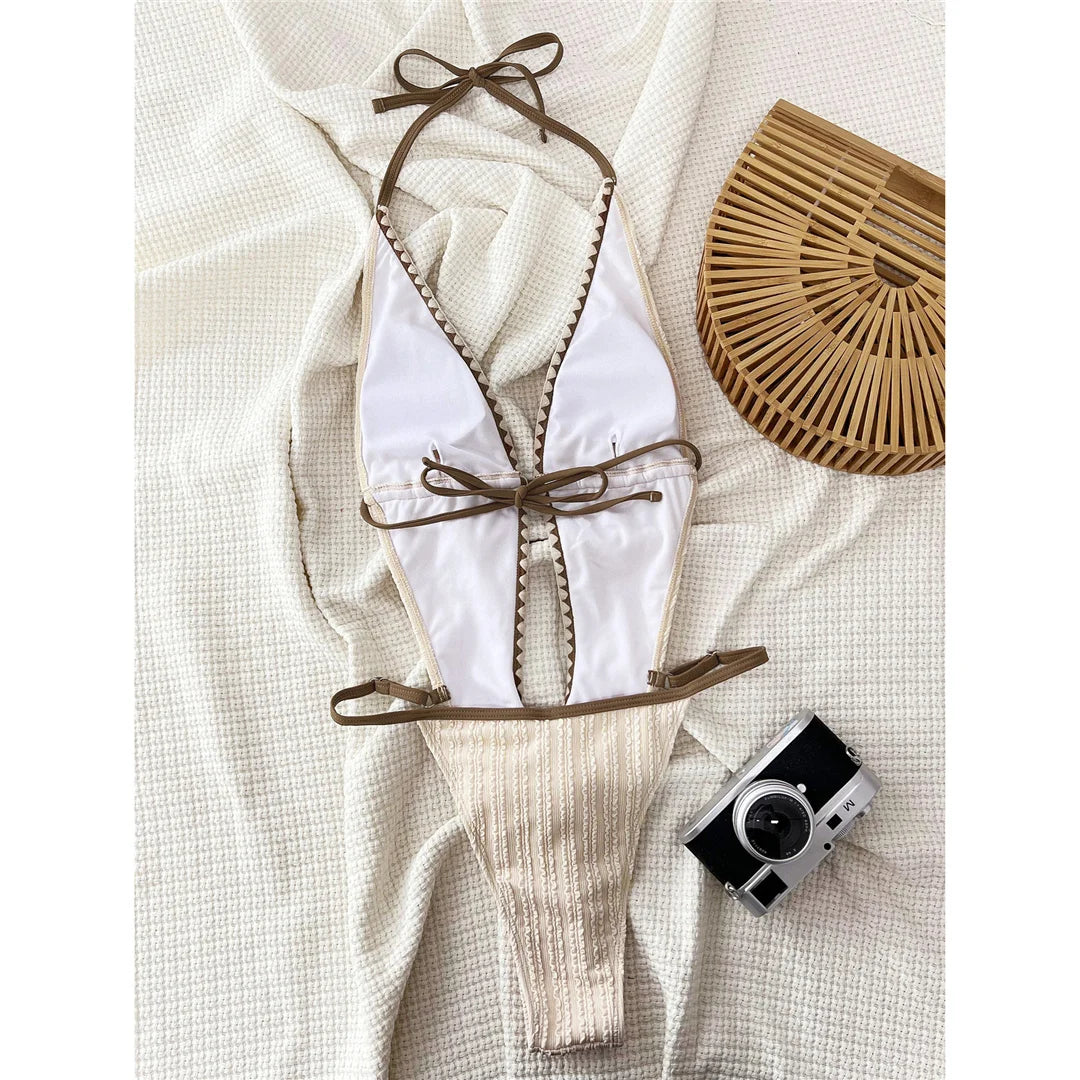 Damen Badeanzug tiefer V-Ausschnitt gerüscht Neckholder High-Cut Monokini rückenfrei