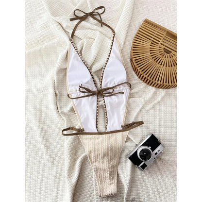 Damen Badeanzug tiefer V-Ausschnitt gerüscht Neckholder High-Cut Monokini rückenfrei