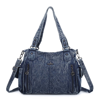 Damen-Handtasche Aus Denim Im Vintage-Look Große Schultertasche Mit Top-Griff Und Tragegurt