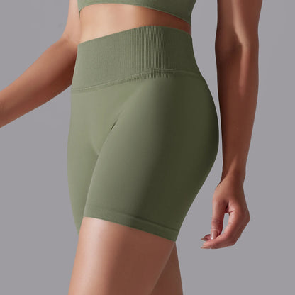 Nahtlose gestrickte Damen-Workout-Shorts, olivgrün, mit hoher Taille und geformtem Hinterteil