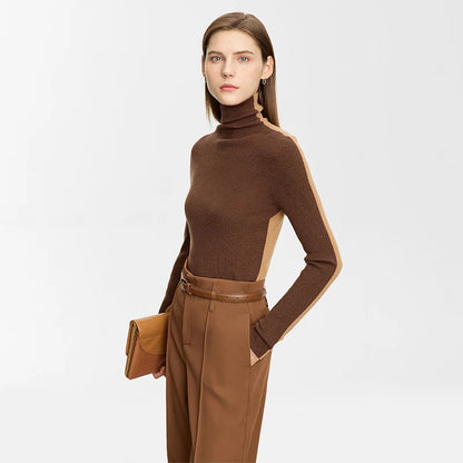 Damen-Rollkragenpullover 100 % Wolle Farbkontrast Slim Fit Frühling